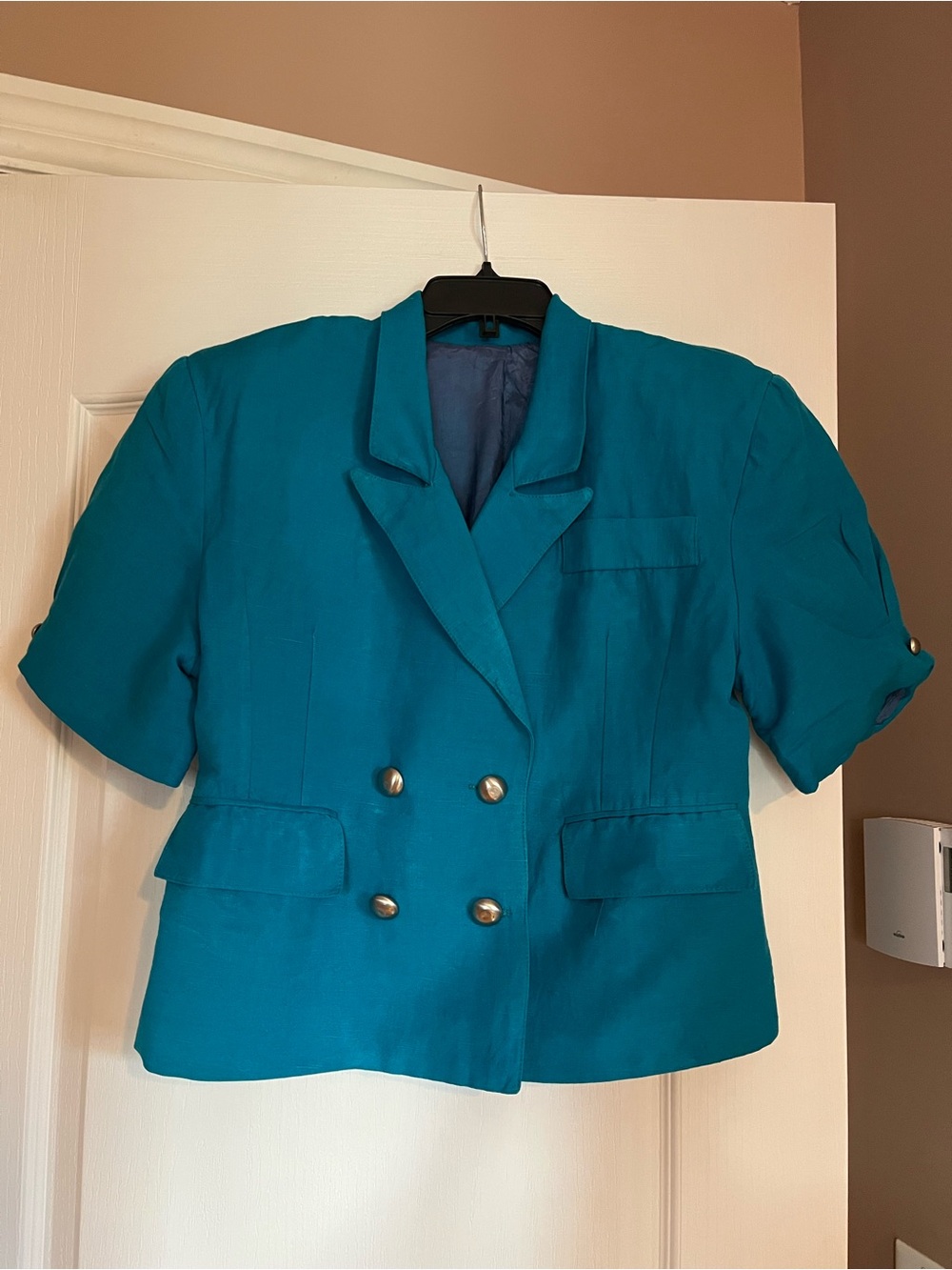 Women's Teal Short-Sleeve Double-Breasted Blazer